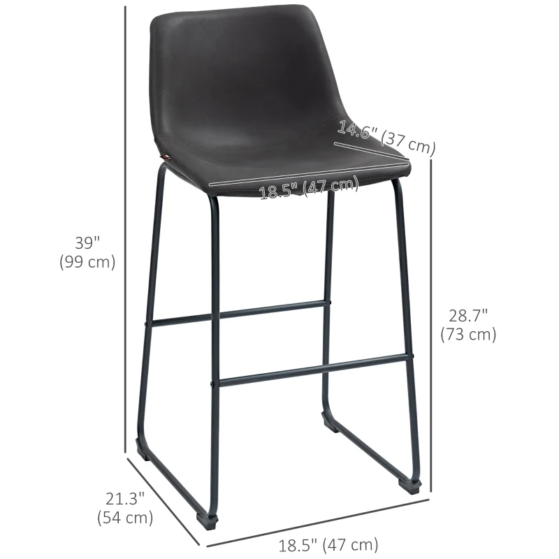 HOMCOM Bar Height Bar Stools Set of 2, Vintage PU Leather Bar Chairs, Kitchen Stools with Footrest for Home Bar, Dark Brown