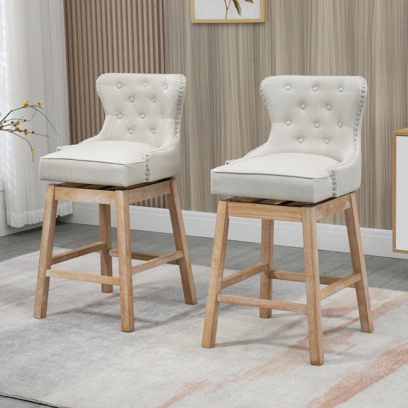 HOMCOM Memory Swivel Bar Stools Set of 2, Upholstered Fabric Bar Height Barstools with Tufted Back, Nailhead-Trim and Solid Wood Legs, 30" H Seat Height Kitchen Stools, Cream