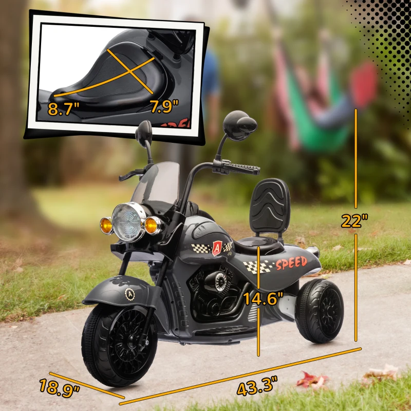 Qaba 6V 3 Wheel Electric Motorcycle for Kids, Battery Powered Motorbike w/ Headlights, Music, Forward & Reverse, Gray
