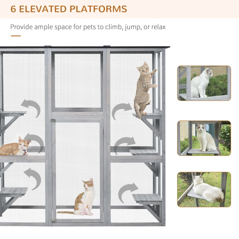 PawHut Large Outdoor Catio Enclosure, Weatherproof Cat House with Asphalt Roof,  Wooden Cat Patio Cage with 6 Balanced Platforms, 71" x 39" x 71", Grey