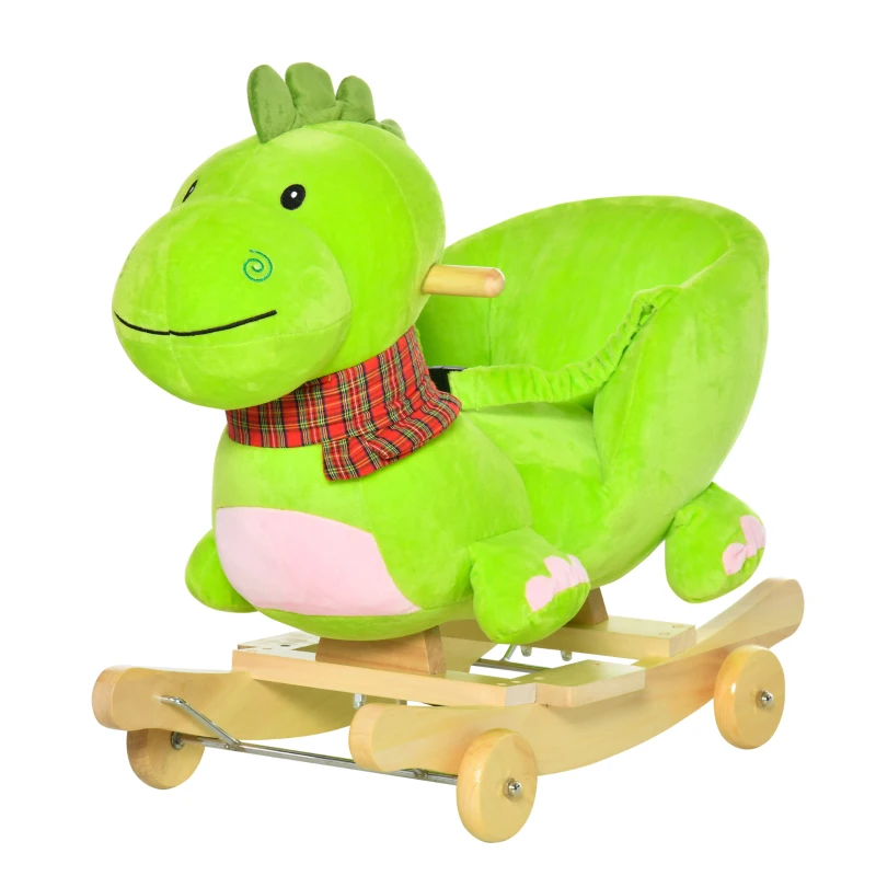 Qaba Baby Rocking horse Kids Interactive 2-in-1 Plush Ride-On Toys Stroller Rocking Dinosaur with Wheels and Nursery Song