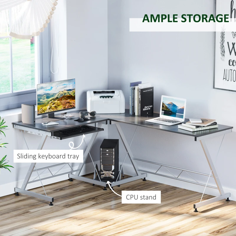 HOMCOM L-Shaped Computer Desk, Corner Table with Keyboard Tray for PC Laptop Desktop, Workstation Stand Home Office Furniture
