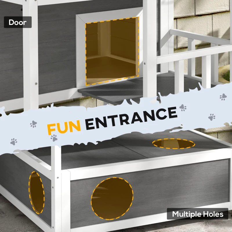 PawHut Wooden Outdoor Cat House with Asphalt Roof, Escape Doors, Condo, Jumping Platform, Light Gray