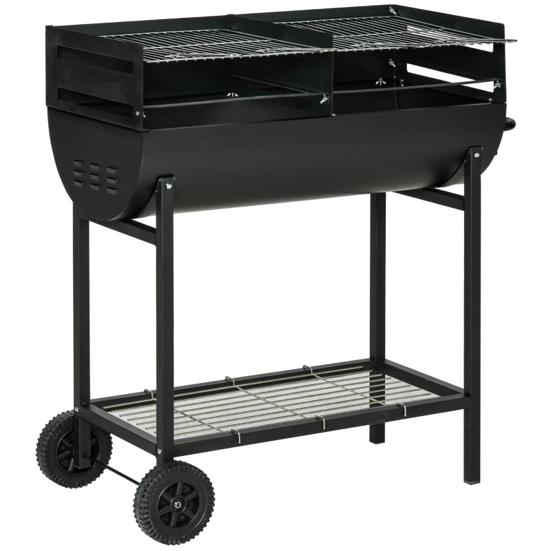 Outsunny 35.5" Portable Charcoal Grill BBQ with Dual Zone, Height Adjustable Cooking Grates, Outdoor Barbecue Trolley with Shelf, Wheels for Patio Backyard Camping Picnic, Black
