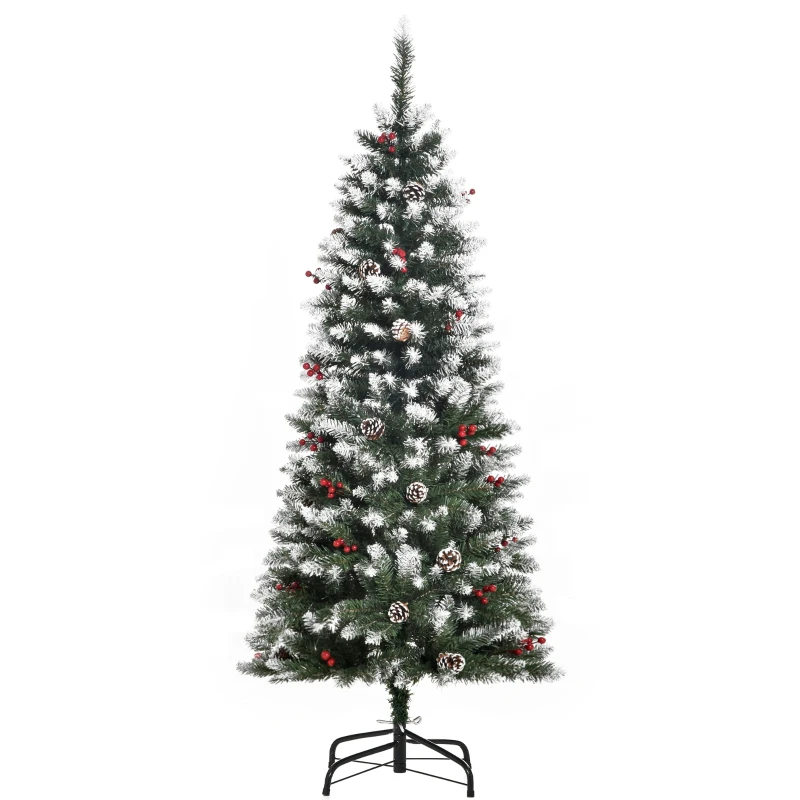 HOMCOM 5ft Decorated Christmas Tree with Red Berries and Pine Cones, Flocked Christmas Tree with Pencil Shape, Green