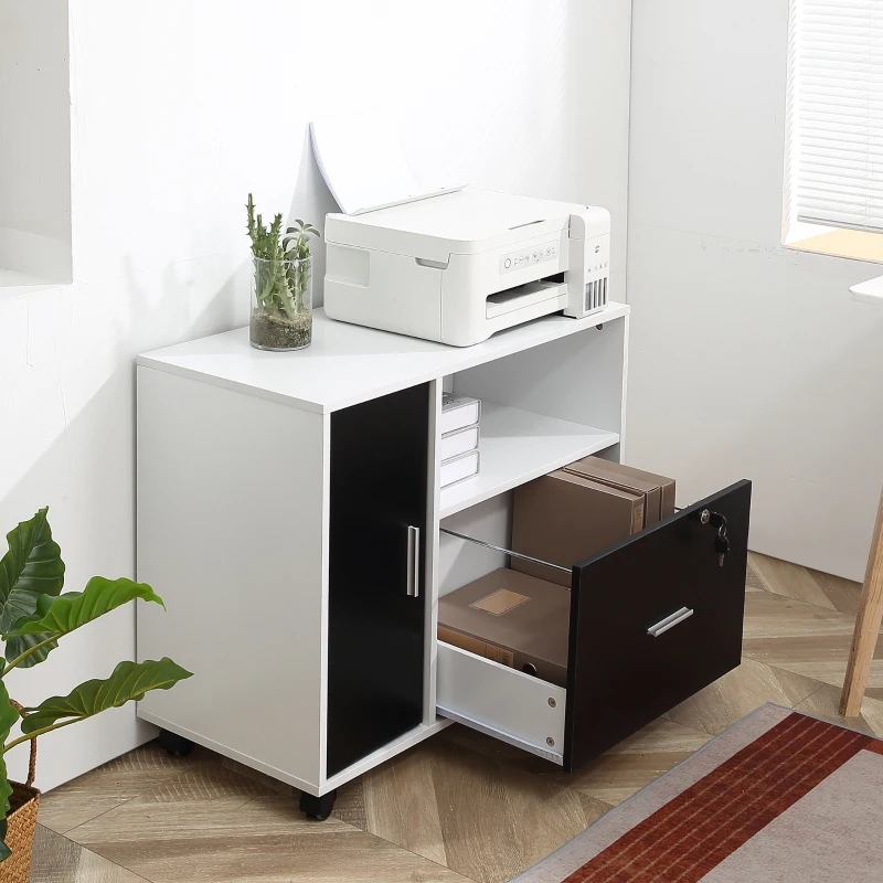 HOMCOM Lateral Filing Cabinet with Lockable Drawer and Open Storage Shelf for Hanging Legal, Letter Sized Files, Mobile Printer Stand for Home Office, Black and White