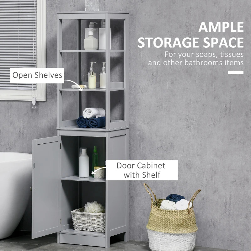 kleankin Tall Bathroom Storage Cabinet, Freestanding Linen Tower with 3-Tier Open Shelf and Door, Slim Floor Organizer, Grey