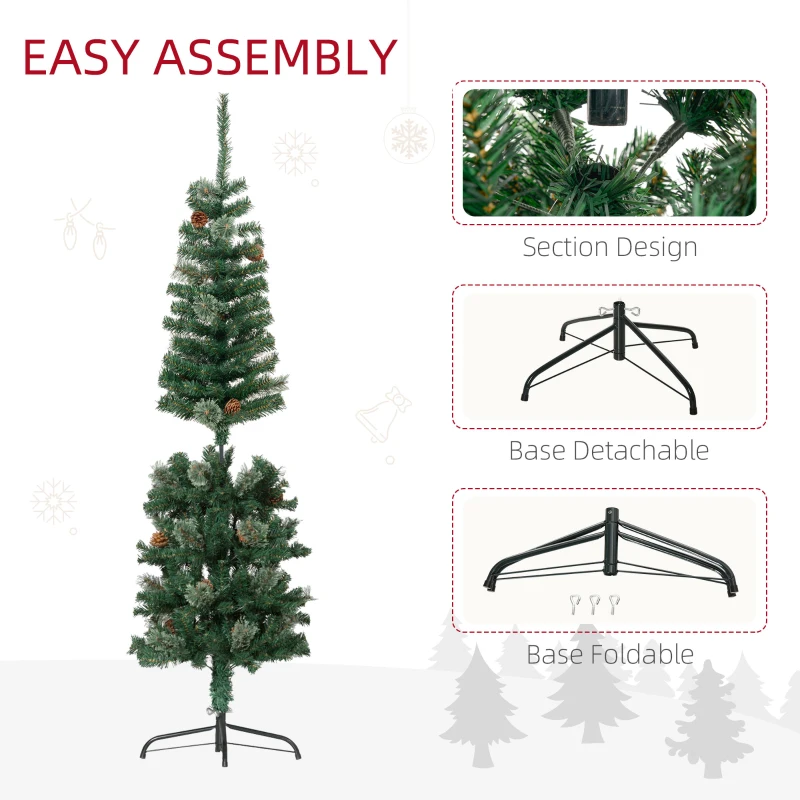 HOMCOM 5ft Pencil Christmas Tree, Artificial Christmas with Pine Needles, Realistic Branches, Pine Cones, Metal Base, Green