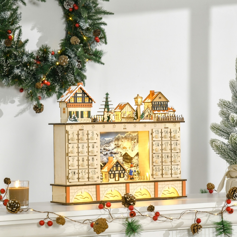 HOMCOM Christmas Advent Calendar, 2022 Light Up Table Xmas Wooden Store Holiday Decoration with Countdown Drawer, Village, for kids Adults, Natural Wood Color