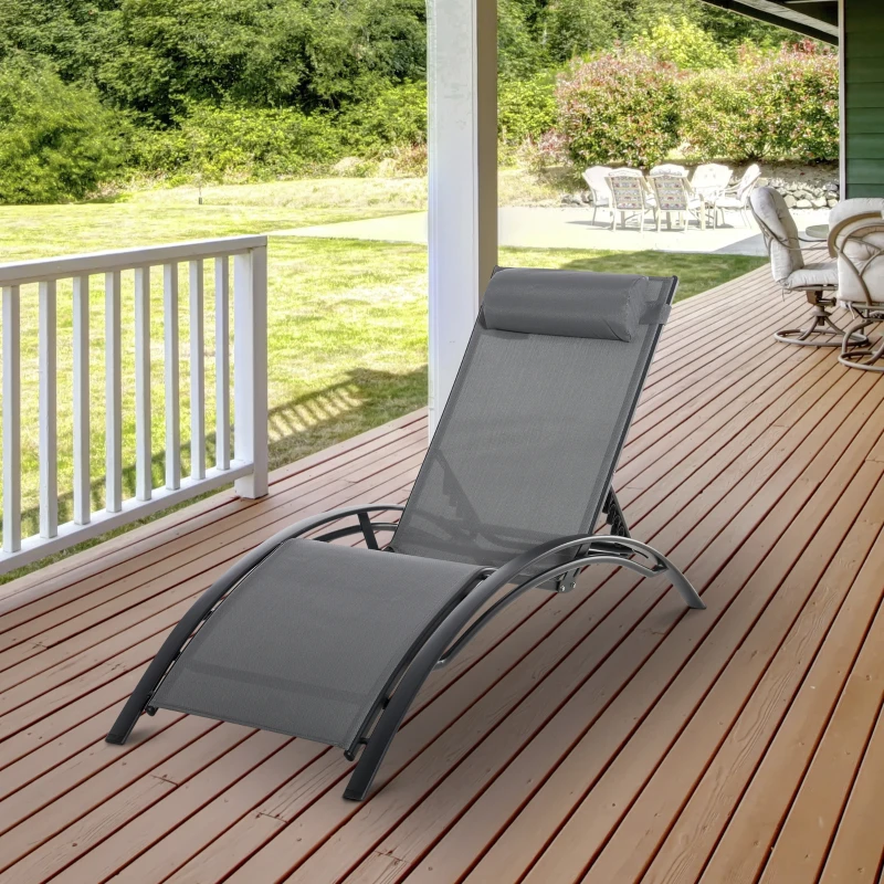 Outsunny Patio Lounge Chair, Aluminum Reclining Outdoor Tanning Chair with 5-Level Adjustable Backrest, Head Pillow and Breathable Mesh Fabric, for Pool, Deck, Garden, Grey