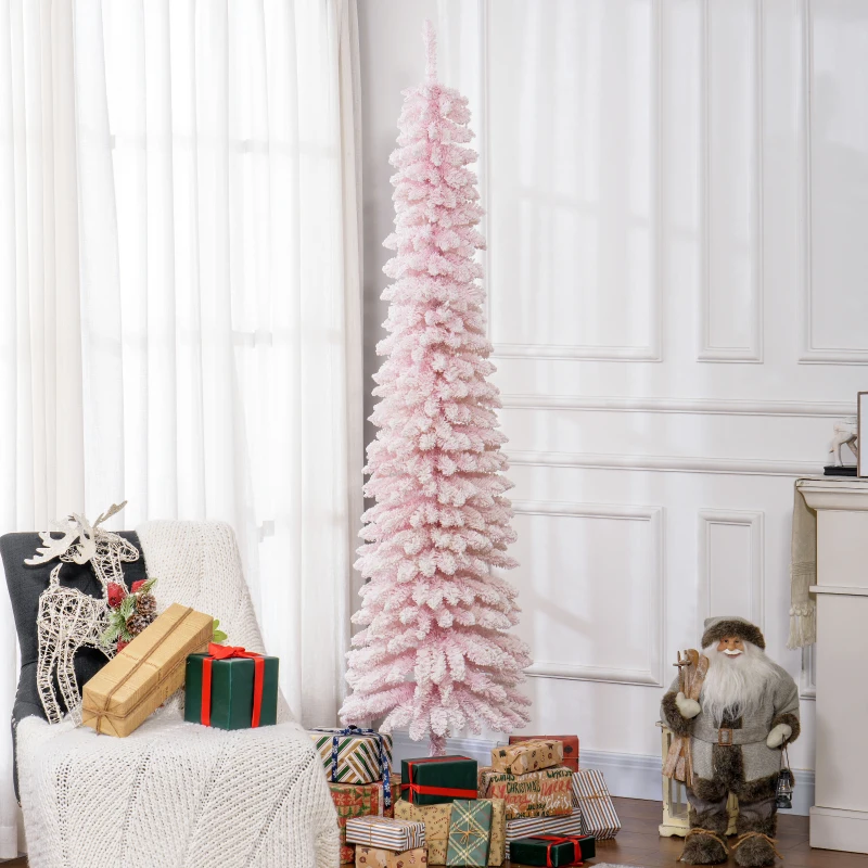 HOMCOM 7ft Snow-Flocked Artificial Christmas Tree, Slim Pencil Xmas Tree with 490 Realistic Branches, Metal Base, Pink