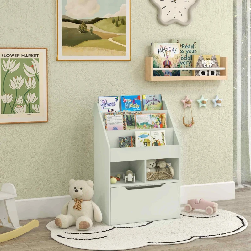 HOMCOM Kids Bookcase Multi-Shelf Book Rack with Mobile Drawer for Books, Toys, Pale Green