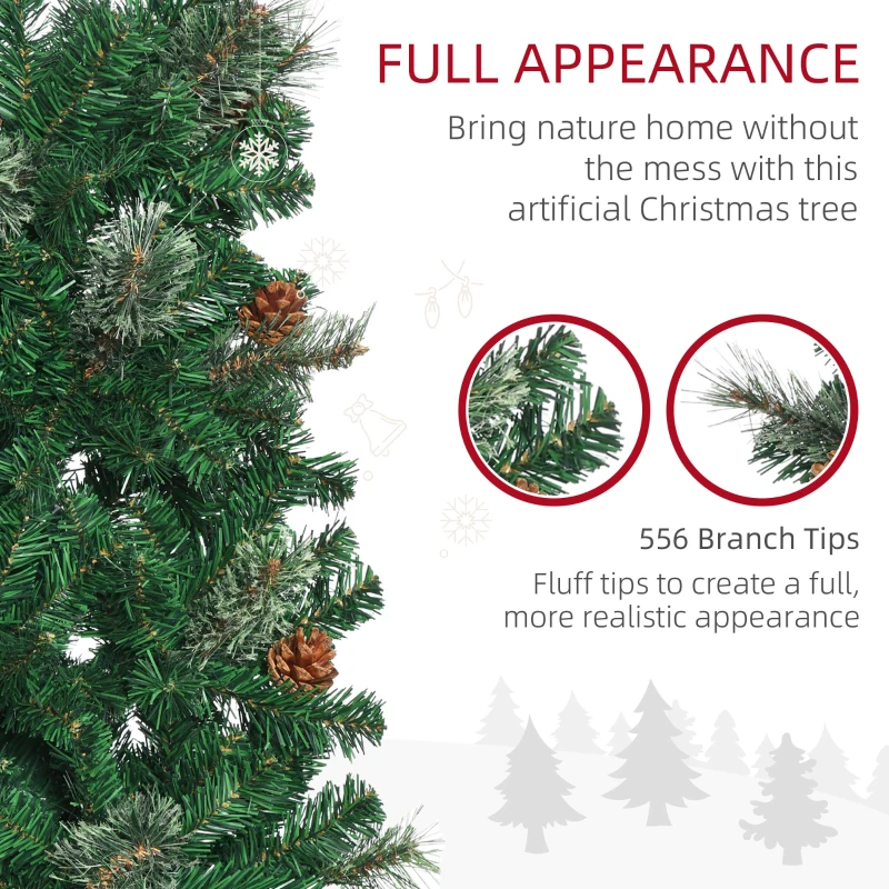 HOMCOM 6.5ft Pencil Christmas Tree, Artificial Christmas with Pine Needles, Realistic Branches, Pine Cones, Metal Base, Green
