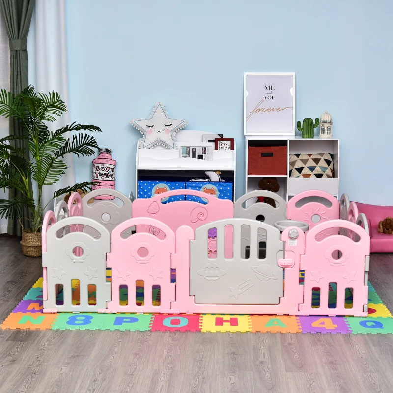 Qaba Baby Enclosure, 14 Panels Baby Playpen Baby Play Yard, Indoor & Outdoor Kids Activity Center, Pink