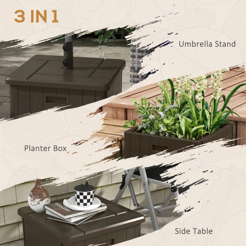 Outsunny 3-in-1 Outdoor Umbrella Base with Wheels and Handles, End Table, Flower Box Planter with Hole, 176 lbs. Capacity, Brown