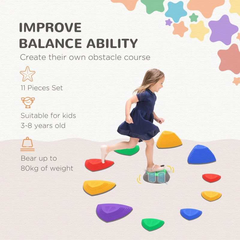 Outsunny 11 PCs Stepping Stones Kids with Non-slip Rubber, Stackable Balance River Stones for Obstacle Course Sensory Play, Outdoor Indoor for 3-8 Years Old