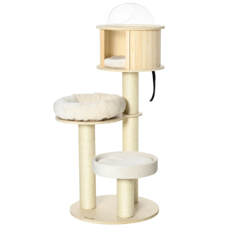 PawHut 55" Cat Tree, Wood Cat Tower for Indoor Cats with Scratching Post, Condo Bed, Natural