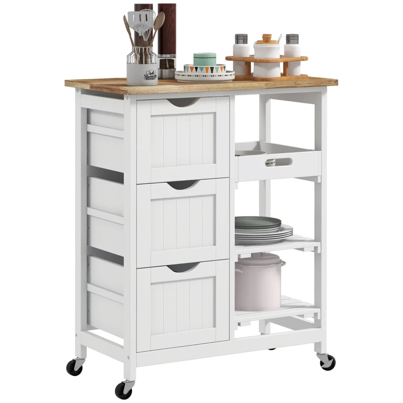 HOMCOM Rolling Kitchen Cart, Kitchen Island with Wood Top, Shelves & Drawers for Dining Area, White
