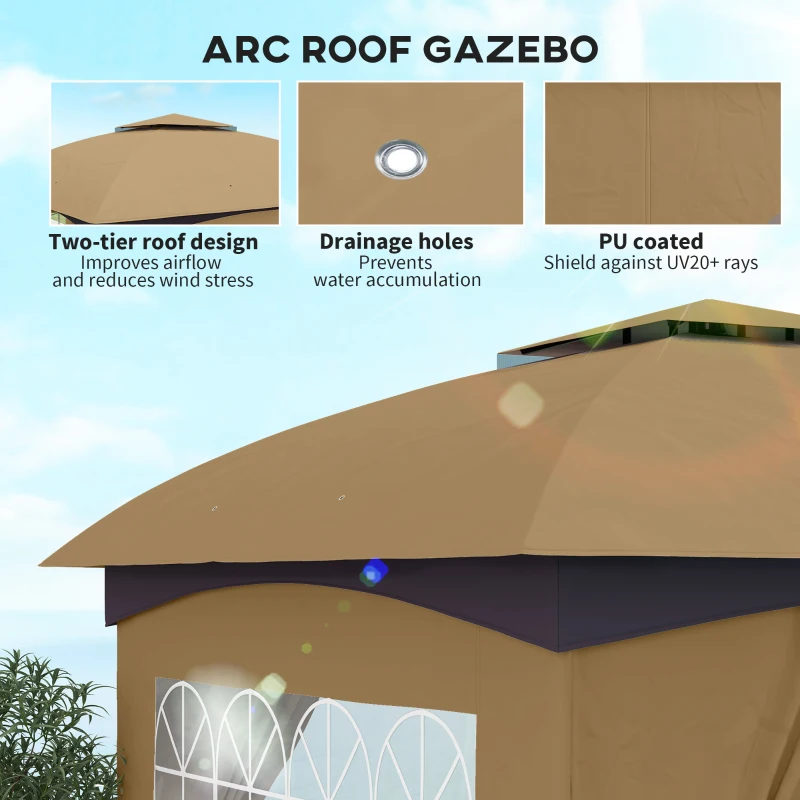 Outsunny 11' x 11' Outdoor Gazebo, Double Roof Patio Gazebo with Curtains, Church Windows, Galvanized Steel Frame, Beige