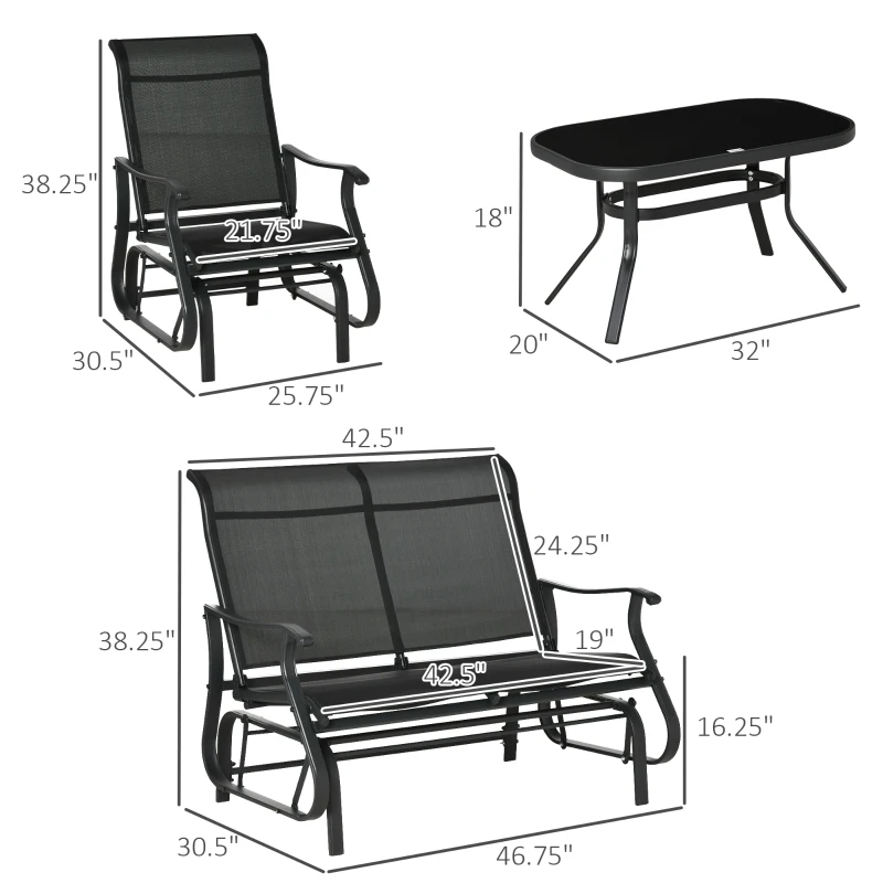 Outsunny 4 Pieces Gliders Set, Outdoor Furniture Sets with 2-Person Glider Patio Bench, Single Sling Chair and Glass Coffee Table for Backyard, Lawn and Garden, Black