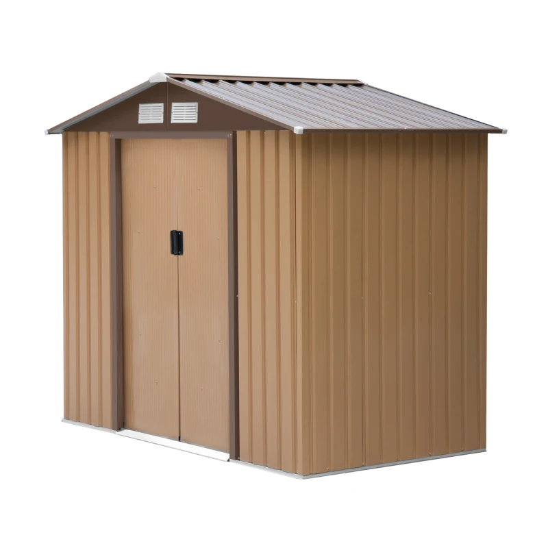 Outsunny 7' x 4' Outdoor Storage Shed, Garden Tool House w/ Foundation Kit Vents & Sliding Doors for Backyard Patio, Brown