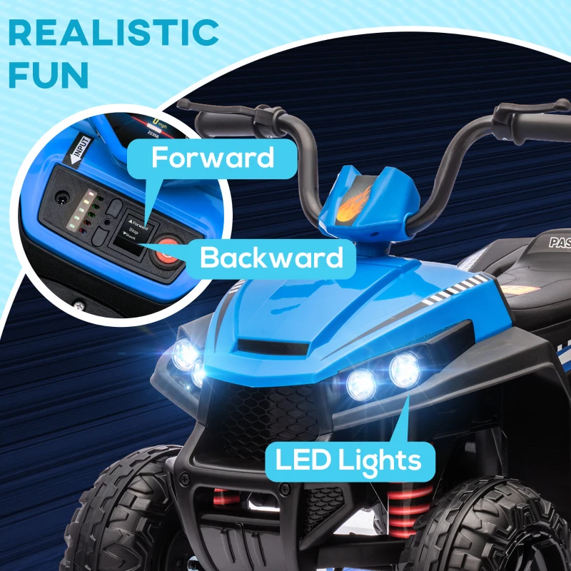Qaba 12V Kids ATV with Spring Suspension, Forward & Reverse, LED Lights, Music, MP3, Blue