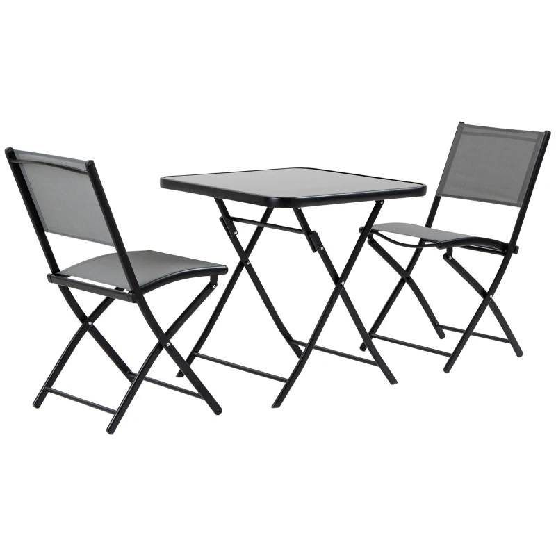 Outsunny 3-Piece Outdoor Patio Dining Set, Folding Garden Bistro Set with Glass Table Top, 2 Folding Chairs, Steel Frame, and Mesh Fabric, Gray
