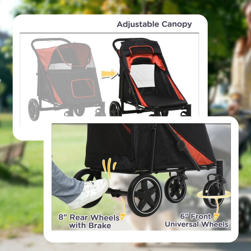 PawHut Dog Stroller for Large Medium Small Dogs up to 66 Lbs. 23.5" in Body Length, One-Click Foldable Pet Cat Stroller with Storage, Shock Absorption Wheels, Mesh Window, Safety Leash, Red