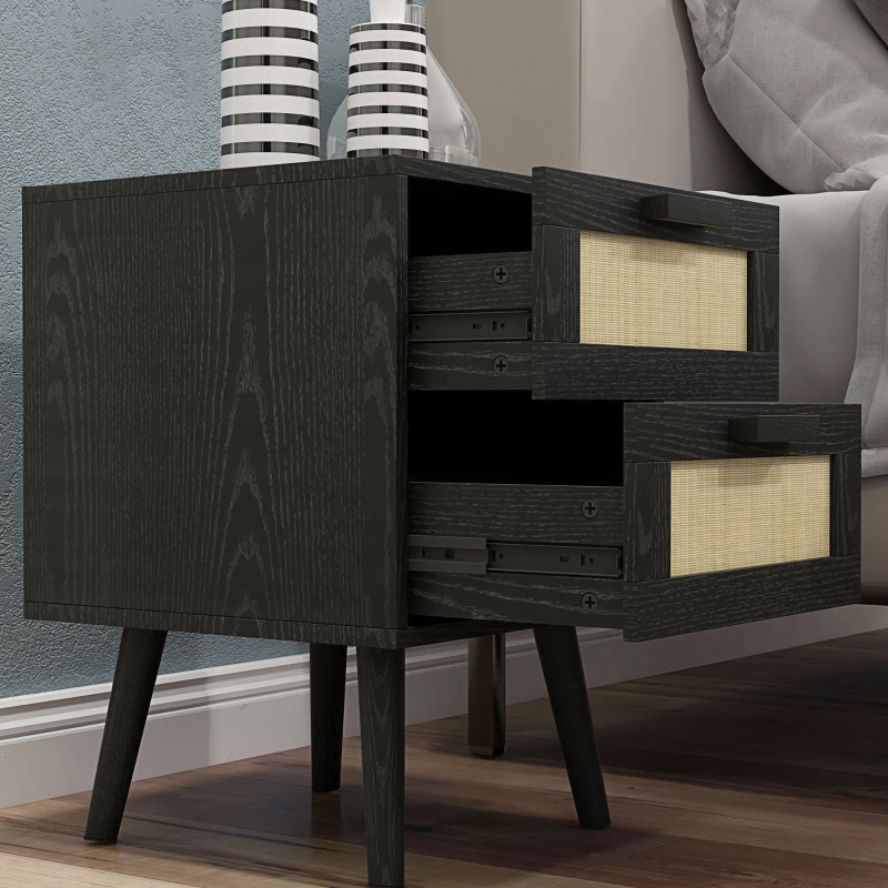 HOMCOM Boho Nightstands Set of 2, Bedside Tables with 2 Drawers for Living Room, Bedroom, Black