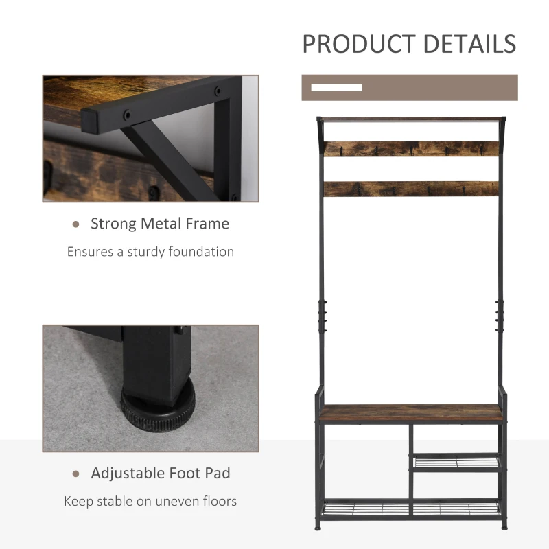 HOMCOM 3-in-1Hall Tree Entryway Coat Rack Shoe Bench with 9 Hanging Hooks, 3-Tier Storage Shelves, Multifunctional Hallway Organizer Brown/Black