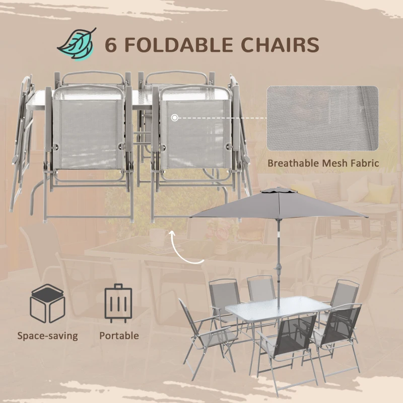 Outsunny 8 Piece Patio Dining Set with Table Umbrella, 6 Folding Chairs and Rectangle Dining Table, Grey