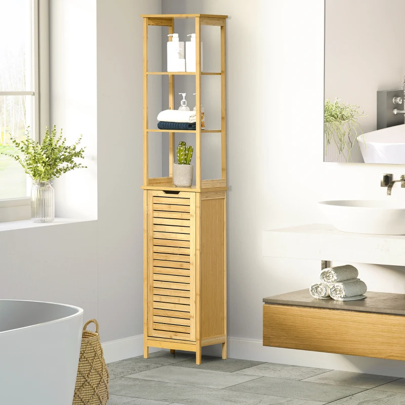 kleankin Bathroom Floor Cabinet with 3 Shelves and Cupboard, Slim and Freestanding Linen Tower with Storage, Natural