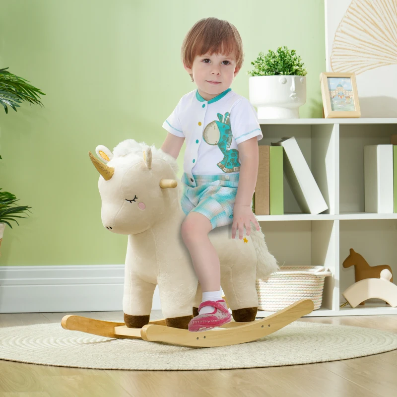 Qaba Kids Rocking Horse, Ride on Unicorn with Realistic Sounds & Wooden Base for Years 2-4, White