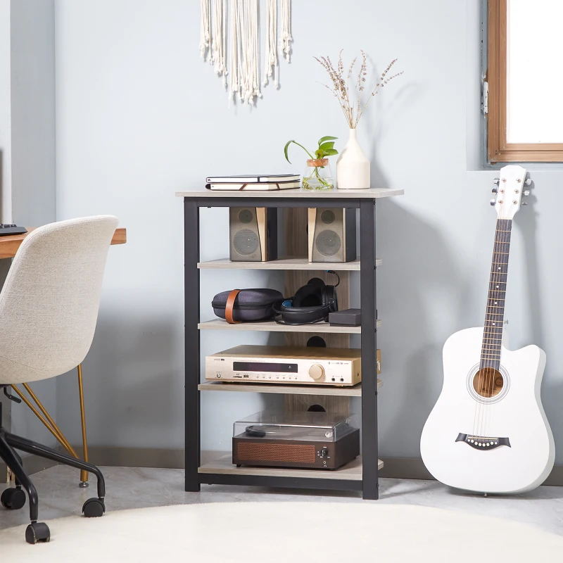 HOMCOM Media Stand with 4-Tier Audio Rack AV Media Corner Shelf with Cable Management for DVD Players Game Console TV Box Cable Box Xbox WiFi Router, Gray