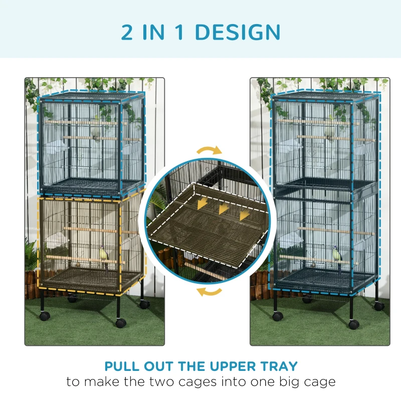 PawHut 55.1" 2 In 1 Bird Cage Aviary Parakeet House for finches, budgies with Wheels, Slide-out Trays, Wood Perch, Food Containers, Black