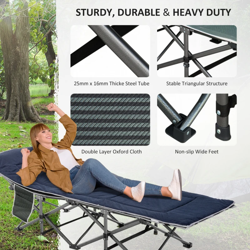 Outsunny Folding Camping Cot with Mattress & Pillow, Double Layer Oxford Heavy Duty Sleeping Cot with Carry Bag Grey and Blue