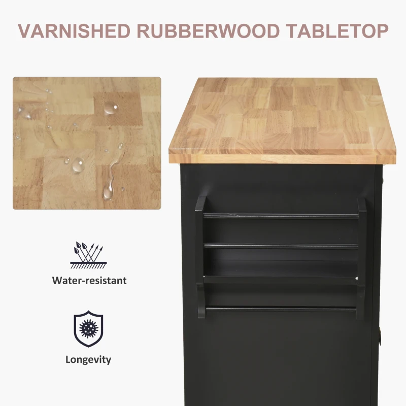 HOMCOM Rolling Kitchen Island with Rubber Wood Top and Storage, Spice Rack, Towel Rack, Black
