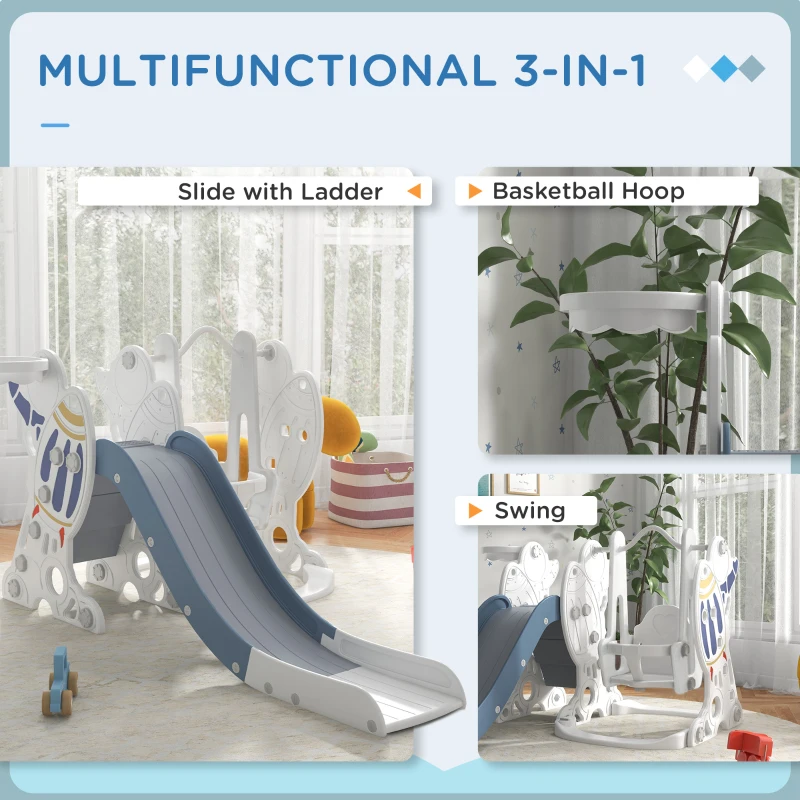 Qaba 3 in 1 Toddler Slides for Kids with Basketball Hoop, Baby Slide and Swing Set Indoor Playground, Space Theme