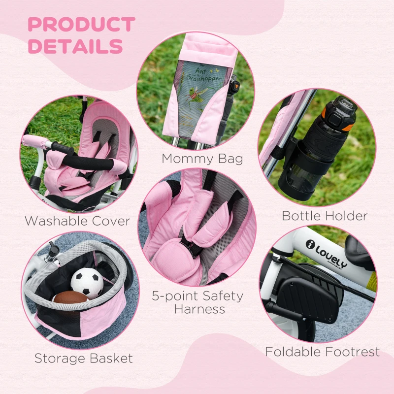 Qaba 6 in 1 Tricycle for Toddler 1-5 Years with Parent-Push Handle, Pink