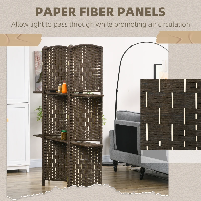 HOMCOM 5.6 Ft Tall Folding Room Divider with Storage Shelves, 4 Panel Portable Privacy Screen for Home Office, Bedroom, Brown