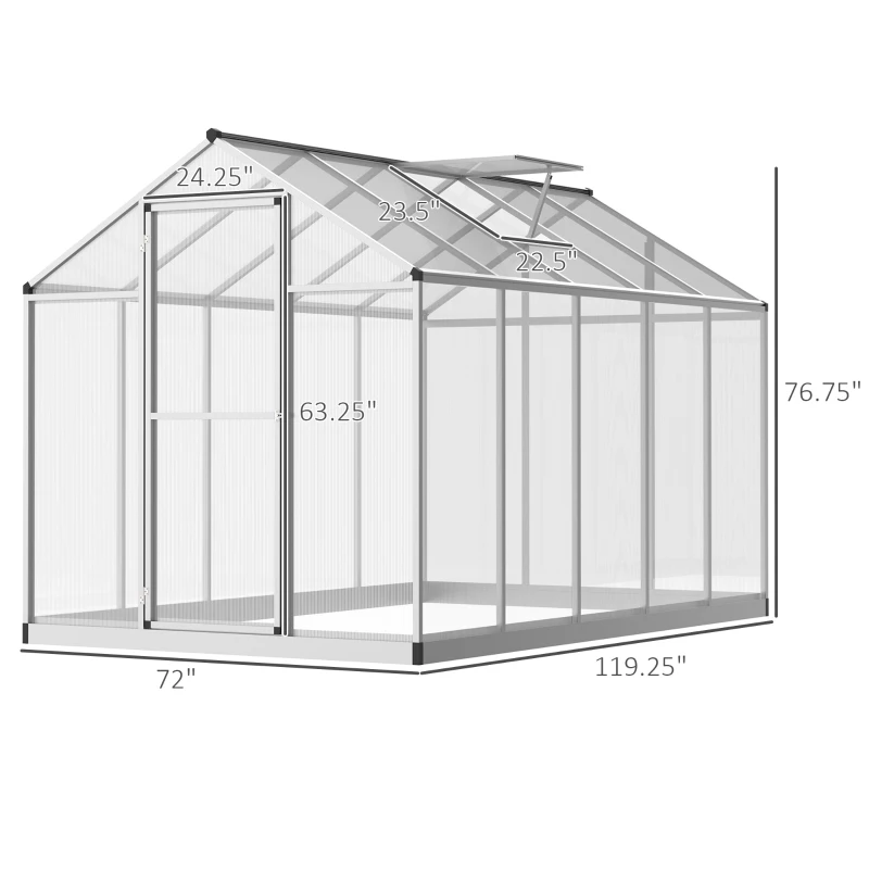 Outsunny 10' L x 6' W Walk-In Polycarbonate Greenhouse with Roof Vent for Ventilation & Rain Gutter for Winter