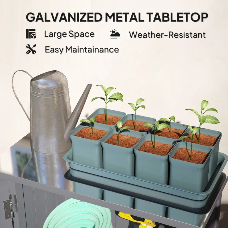 Outsunny Outdoor Storage Cabinet, Wooden Garden Storage Shed with 2-Tier Shelves, Metal Tabletop and Magnetic Doors, Grey