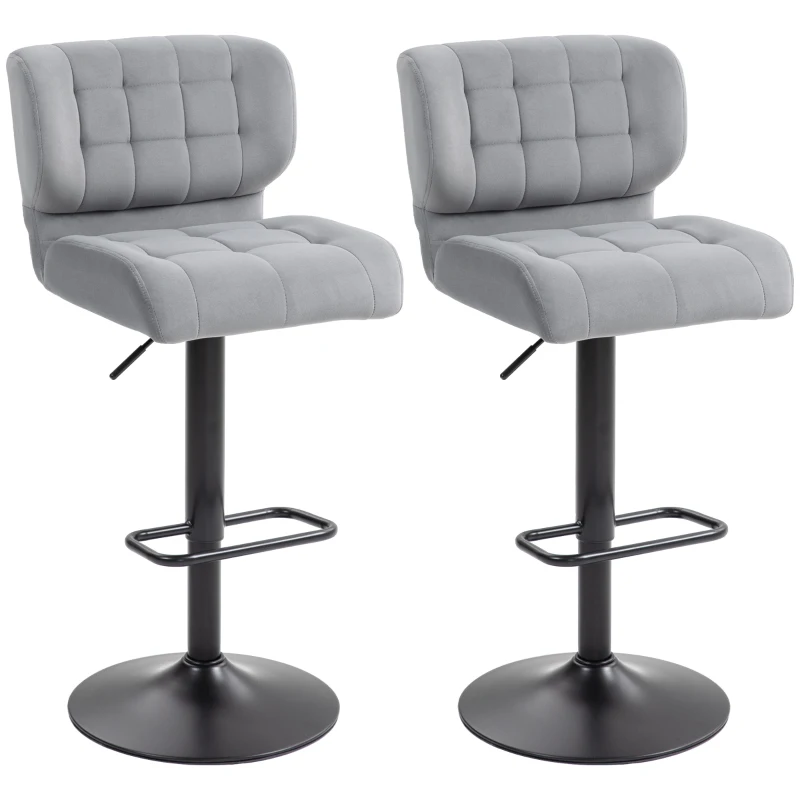 HOMCOM Swivel Velvet-feel Fabric Barstools Set of 2 Adjustable Bar Stools with Footrest for Counter Dining Room Grey