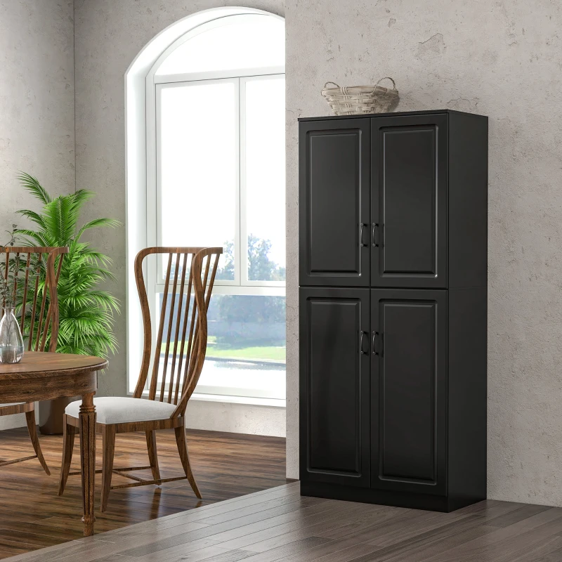 HOMCOM 71" Freestanding Kitchen Pantry Cabinet, Storage Cabinet with 4 Hinged Doors and Adjustable Shelves, Black