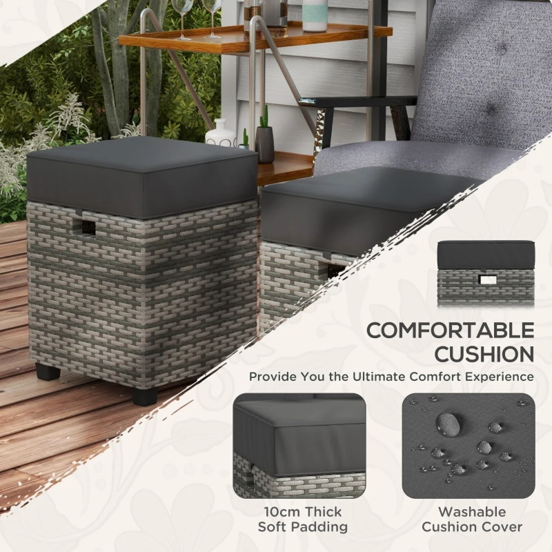 Outsunny 2 PCS Patio Wicker Ottoman Set, Square Outdoor PE Rattan Footrest with Removable Cushion for Backyard, Grey