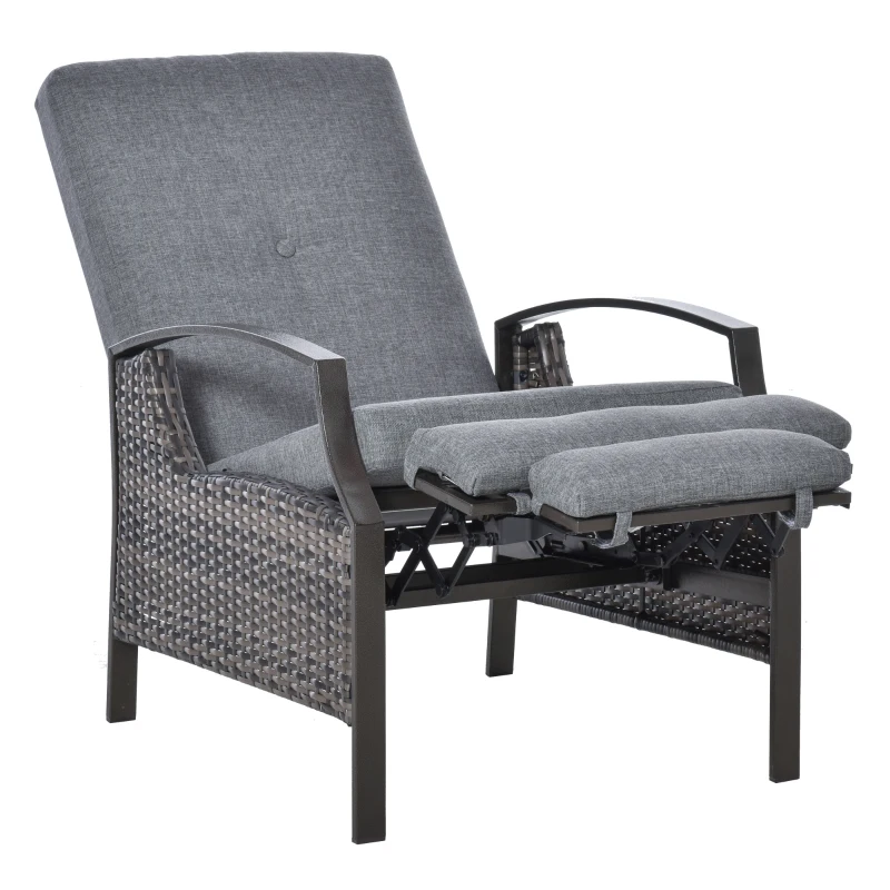 Outsunny Outdoor Recliner Chair, Reclining Patio Lounge Chair with Comfy Cushions, Footrest, Armrests, PE Wicker for Balcony, Porch, Grey