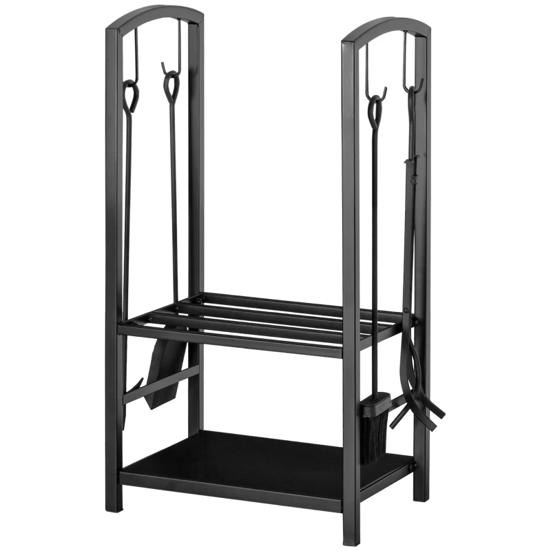 HOMCOM 16" 2-Tier Firewood Log Rack with 4 Tools, Fireplace Wood Storage Holder with Shovel, Broom, Poker, Tongs and Hooks, Black