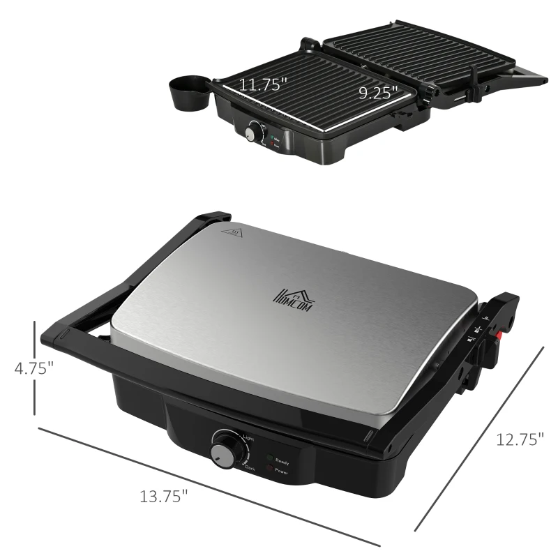 HOMCOM 4 Slice Panini Press Grill, Stainless Steel Sandwich Maker with Non-Stick Double Plates, Locking Lids and Drip Tray, Opens 180 Degrees to Fit Any Type or Size of Food 13.75"x12.75"x4.75"