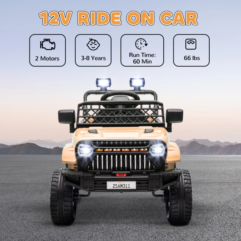 Qaba 12V Battery Powered Ride On Truck, Kids Electric Car with Spring Suspension, Remote, Horn, USB Music, Khaki