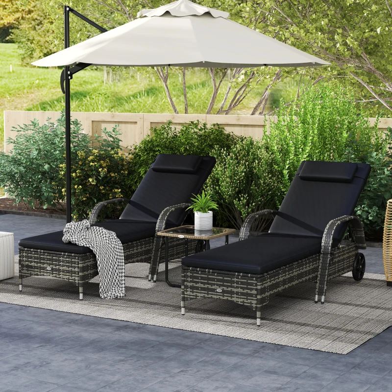 Outsunny 2 Reclining Chaise Lounge Chairs, Rolling Outdoor Chairs with Cushion, Pillow, Headrest, Armrests, and Wheels, Black